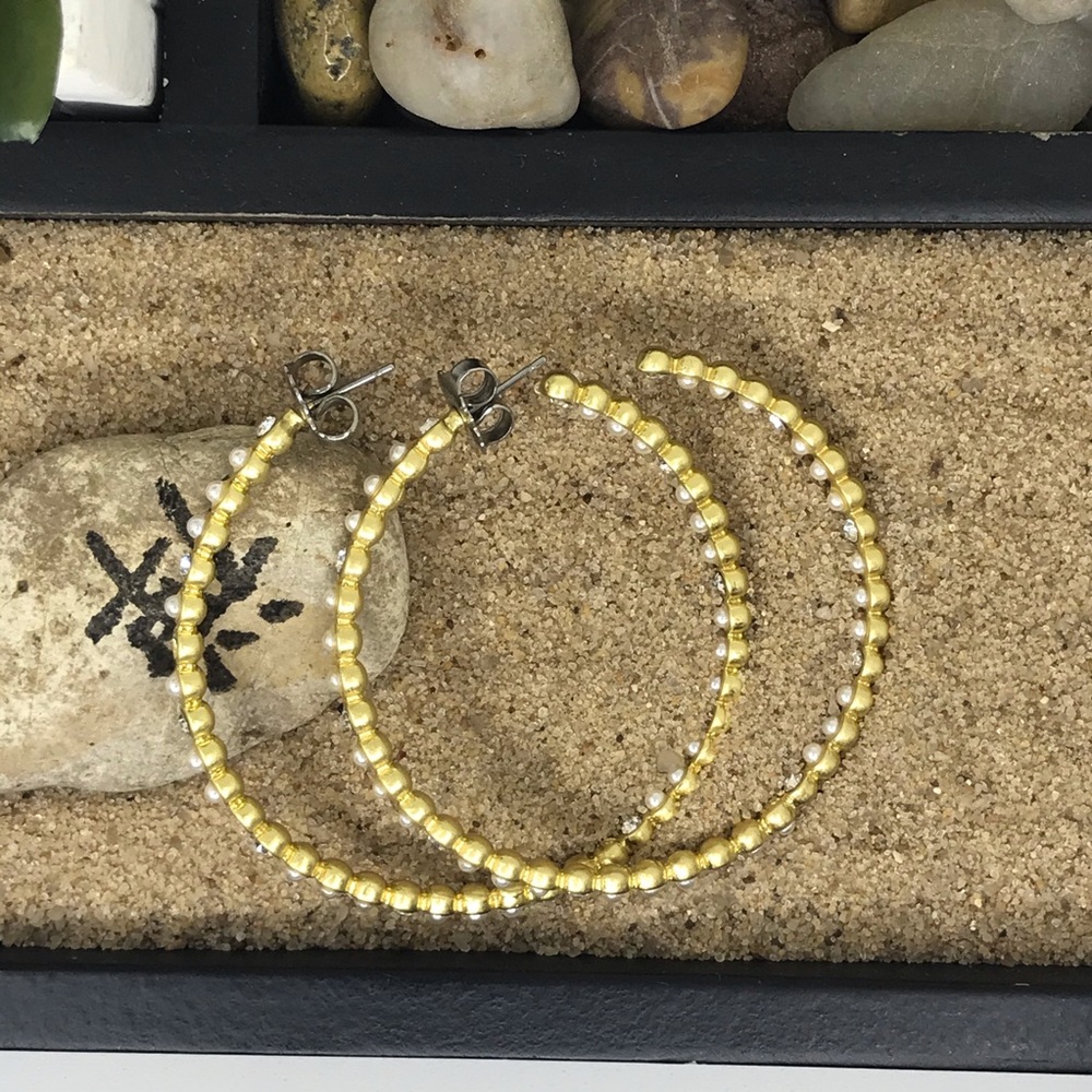 Gold Hoop with Crystals Glass Pearl Earrings - Picture 9 of 16